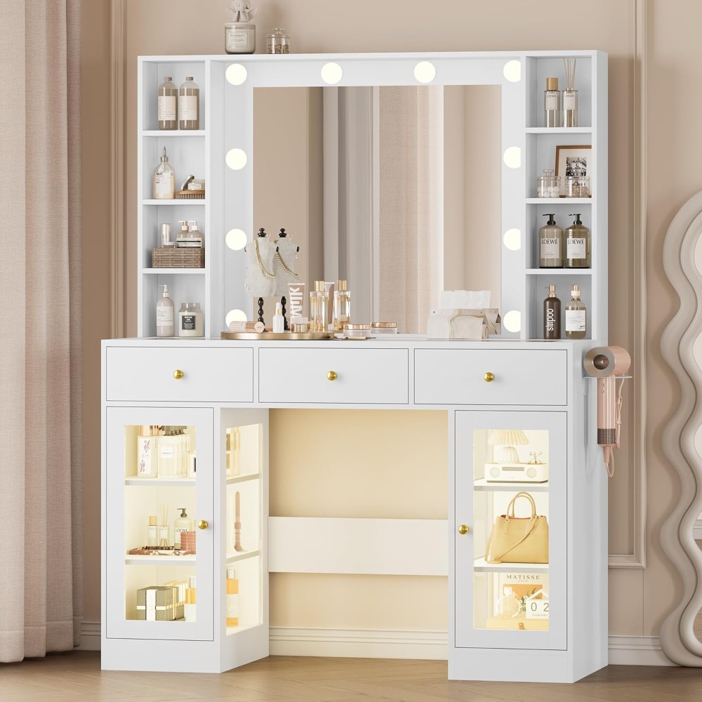 Drawer Dresser White - Biała toaletka z szklanym blatem, oświetleniem