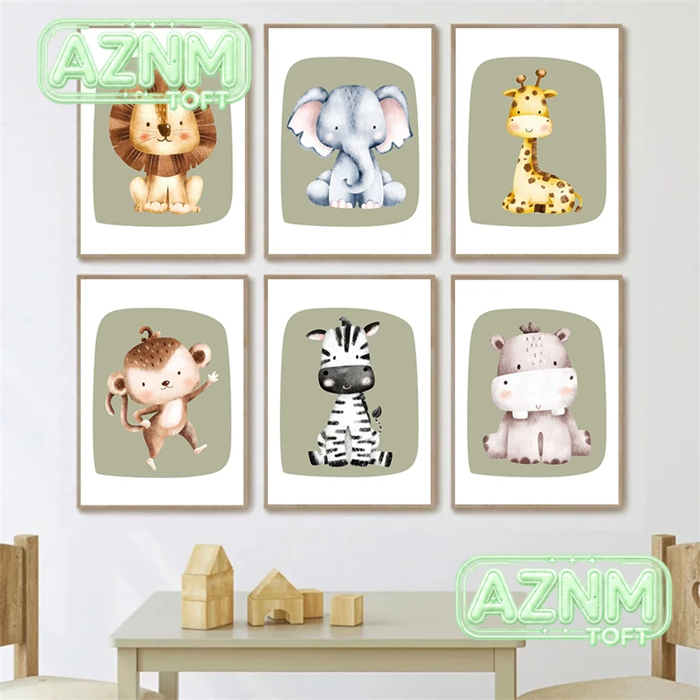 Baby Nursery Green - Urocza Małpa Zebra Żyrafa Lew Obraz
