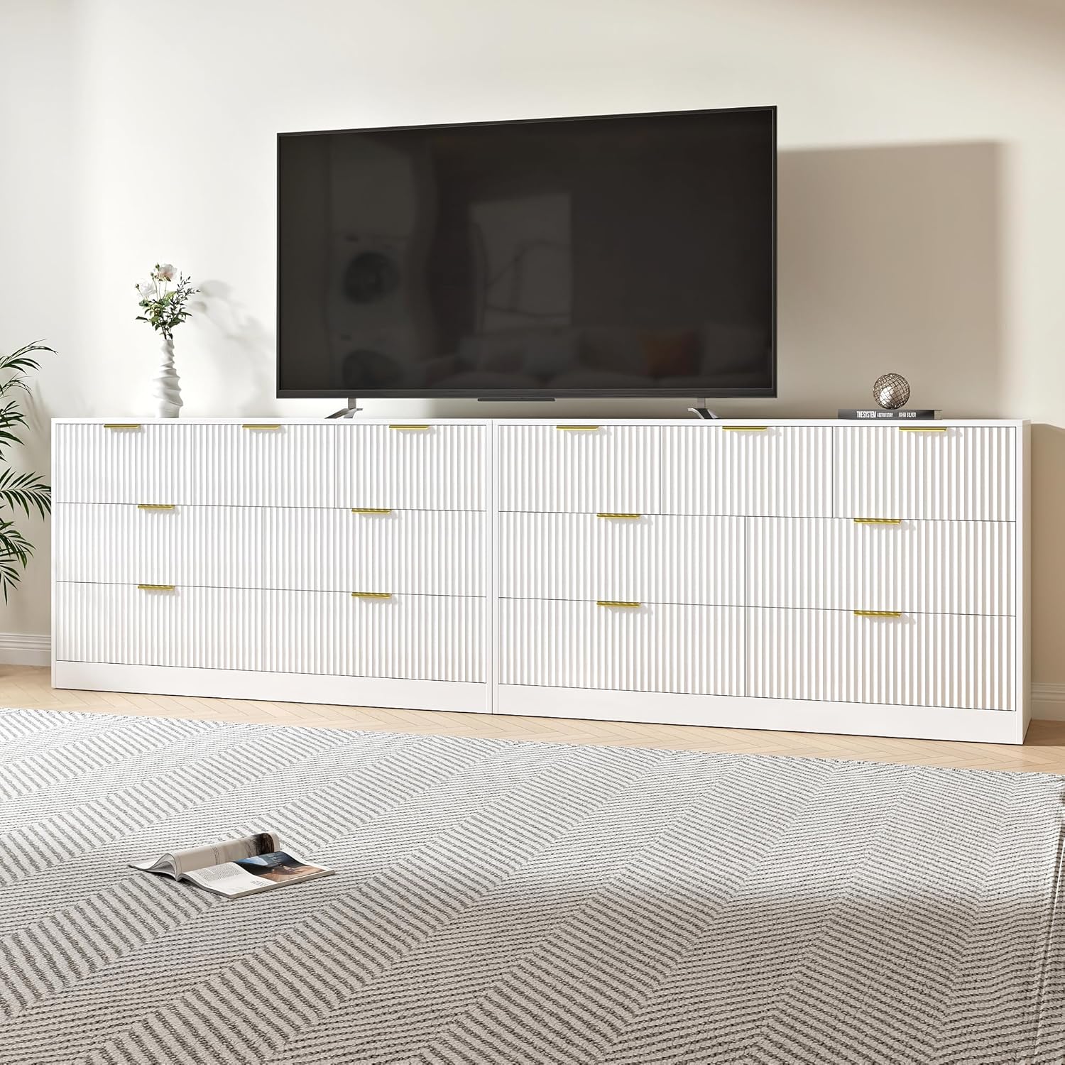 Drawer Dresser White - # Biały Drewniany Długi Komod z