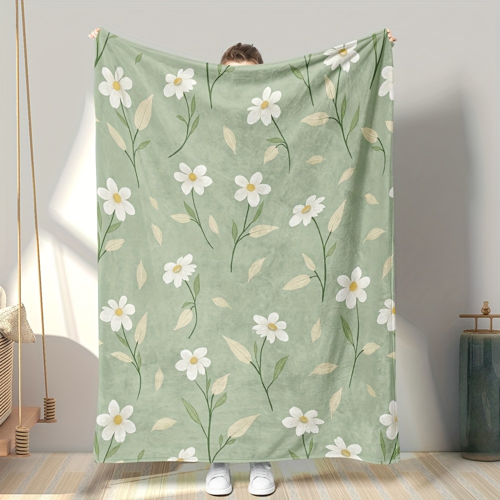 Baby Nursery Green - Koc z nadrukiem kwiatów stokrotki, szalik