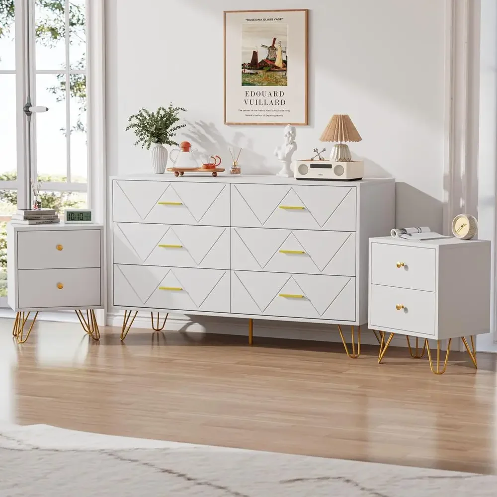 Drawer Dresser White - Biały 3-częściowy zestaw do sypialni z