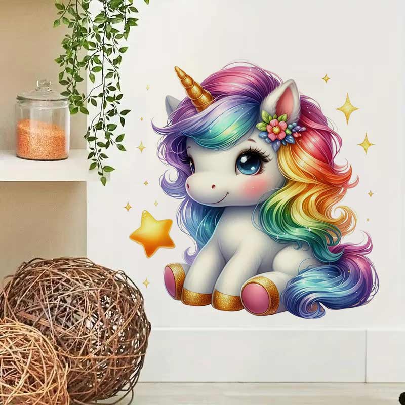 Baby Nursery Mural Wallpaper - Urocza naklejka ścienna z tęczowym jednorożcem,