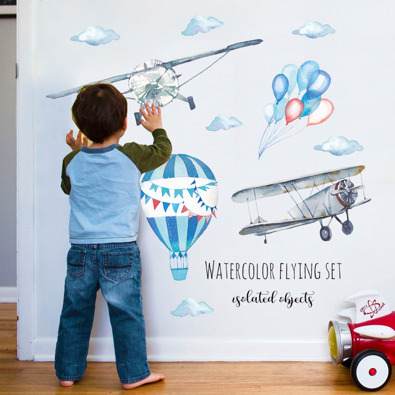 Baby Nursery Mural Wallpaper - Naklejka ścienna akwarelowa samolot balon na