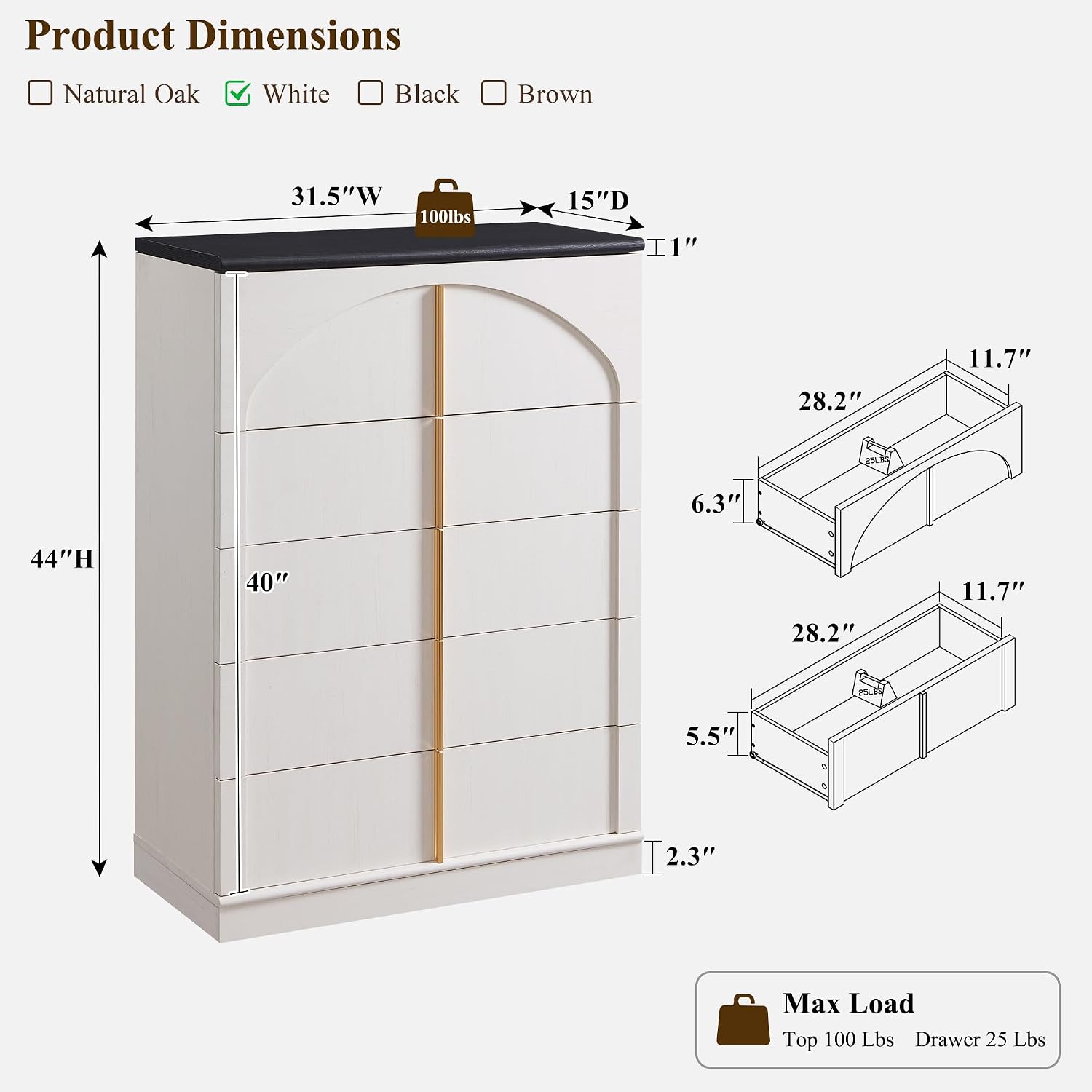 Komoda z 5 szufladami, wysokoś – Drawer Dresser White recenzja i cena